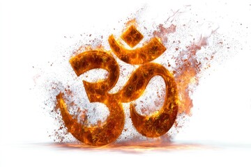 Fiery Om symbol on white surrounded by smoke and sparks appears to stand on a reflective surface