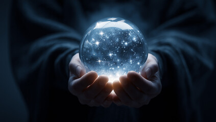 A person holding a glowing blue holographic crystal ball in their hands, representing the power of AI technology and futuristic creativity.