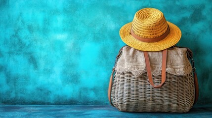 Summer travel woven backpack and straw hat against turquoise wall
