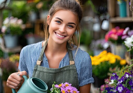 A young woman wearing an apron is holding flowers in her hands and smiling while standing at the garden center