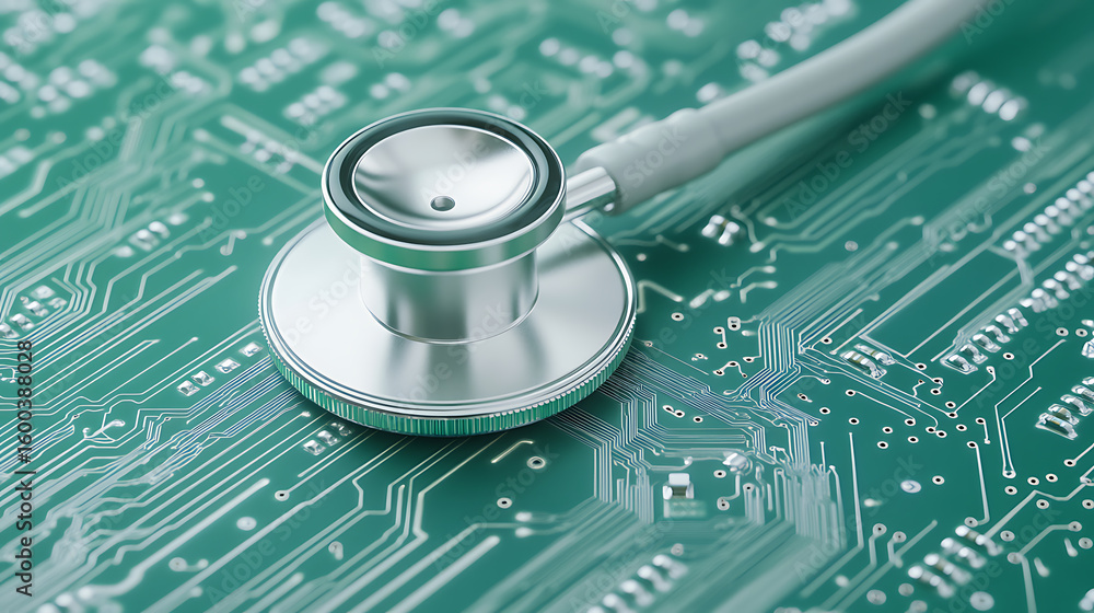Poster diagnostic tool on electronic circuit board conveys technology issue. system analysis. examination o
