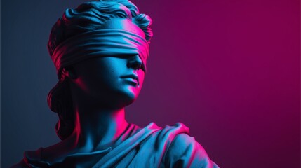 Lady Justice Silhouette: A neoclassical sculpture of Lady Justice, blindfolded and poised, stands in a dramatically lit environment.