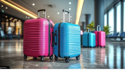 Airport Luggage - Travelers' Pink and Blue Suitcases