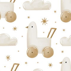 Baby wooden toys, duck toy for newborn seamless pattern. Watercolor background