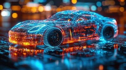 Futuristic car model, digital lines, night city background, stock photo