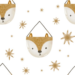 Cute fox cat toy  for newborn seamless pattern. Watercolor background