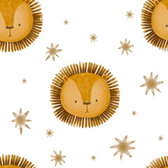 Cute lion toy  for newborn seamless pattern. Watercolor background