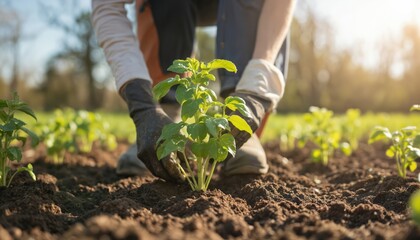 Farmer plants young organic potato seedlings in sunlit field. Hands in gloves gently place green plants into rich soil. Focus on cultivation, sustainable agriculture, and fresh produce growth.