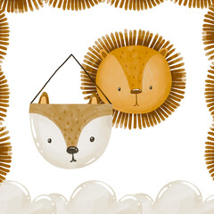 Baby greeting card with lion and fox toy. Hand drawn watercolor baby shower design