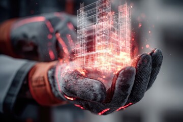 Holographic building design held in icy worker's hands
