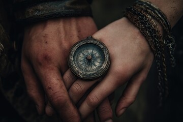 Close-up of clasped hands holding a vintage compass ring