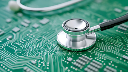 IT Infrastructure Checkup: Stethoscope on circuit board signifies technology maintenance, system diagnostics, and a need for cyber healthcare solutions.