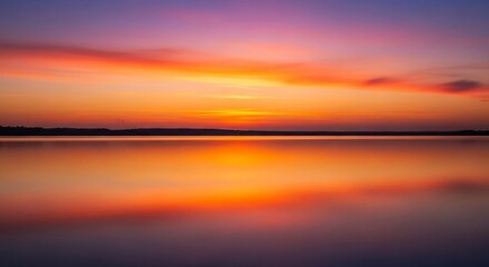 Obraz premium Stunning Sunset Reflection Over Calm Lake, Vibrant Colors.