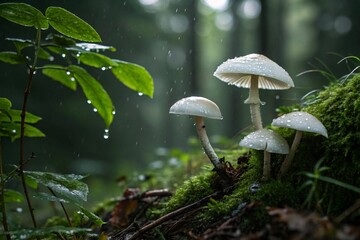 Close-Up of White Mushrooms Covered in Dew in a Rainy Forest Scene
