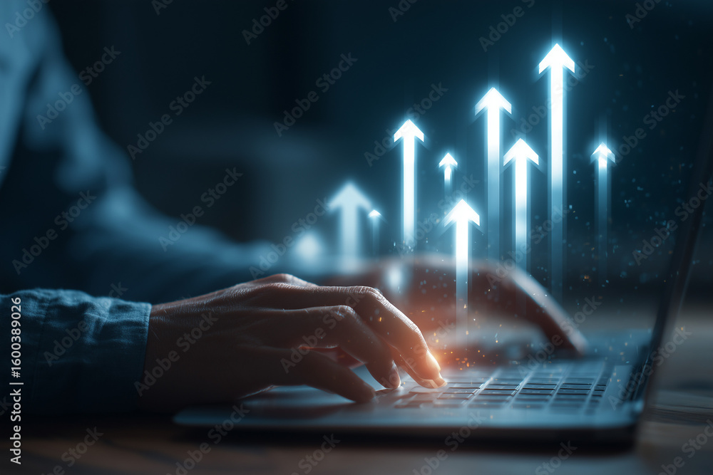 Poster digital background featuring arrows pointing upwards with a business person typing on a laptop