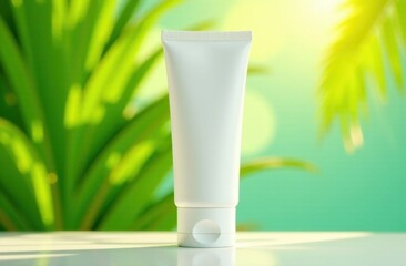 Blank cosmetic tube on table with green tropical background  