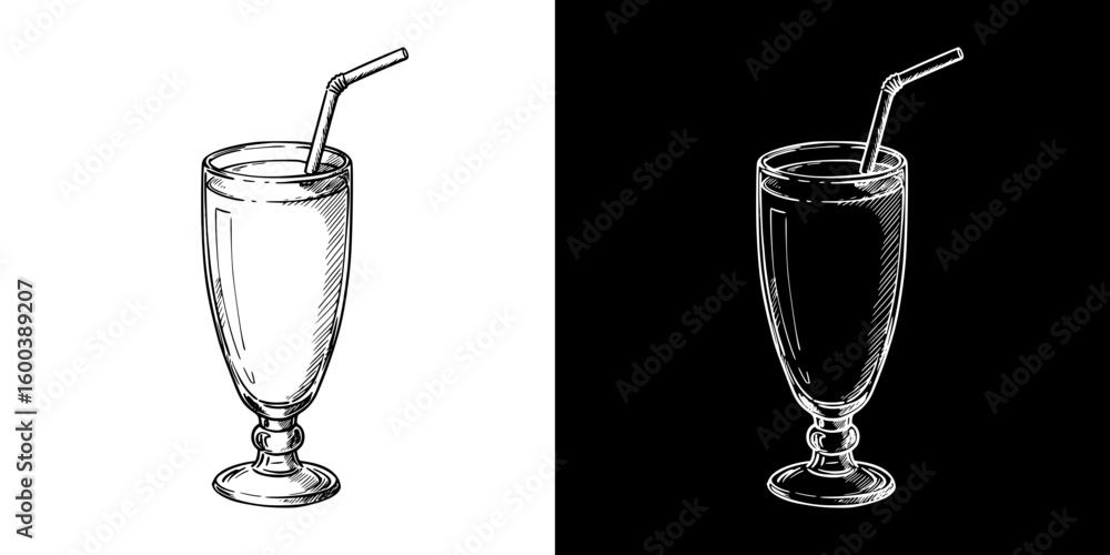 Poster chalk drawing of a glass with a straw, isolated vector image in two design variants - on transparent