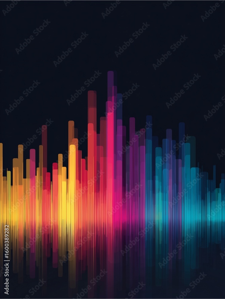 Poster audio spectrum visualization: a vibrant, dynamic display of audio frequencies, a visually stunning r
