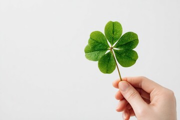 Hand holding a fiveleaf clover against a white background