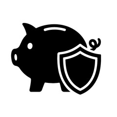 Black Piggy Bank with Shield Icon Vector - Financial Savings and Security Symbol for Investment and Asset Protection