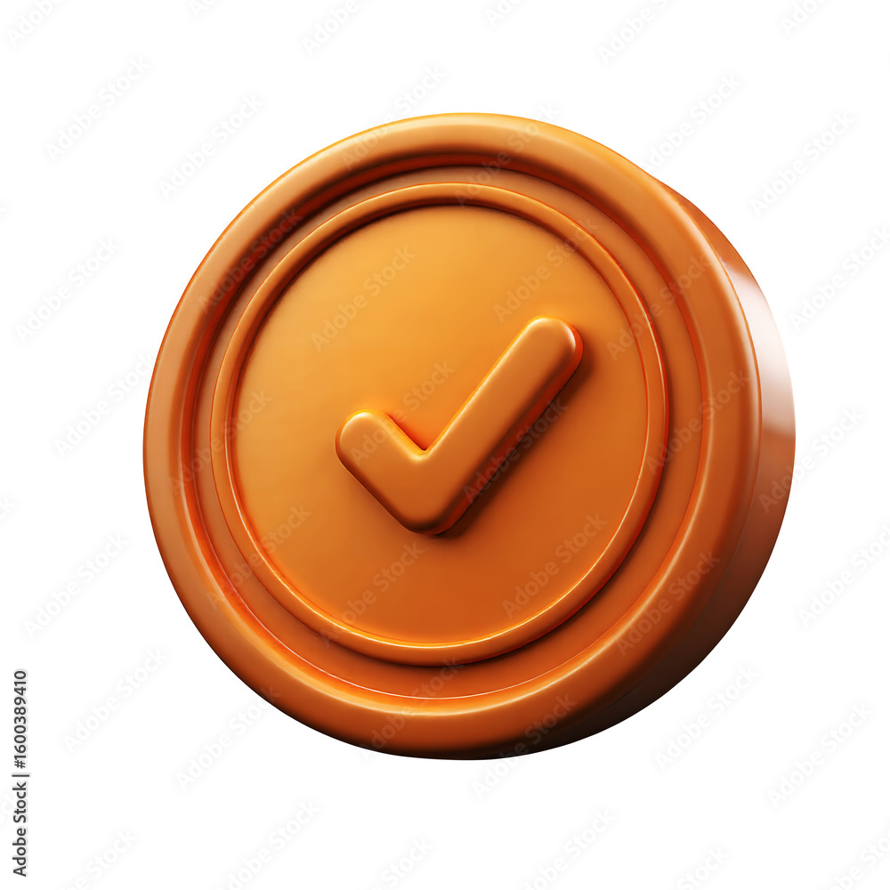 Aufkleber close up of a shiny orange coin with a check mark on it against on transparent background