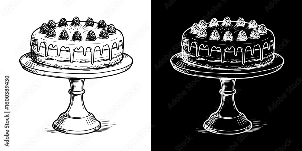 Poster berry cake on a stand in chalk drawing style, isolated vector image in two design variants - on tran