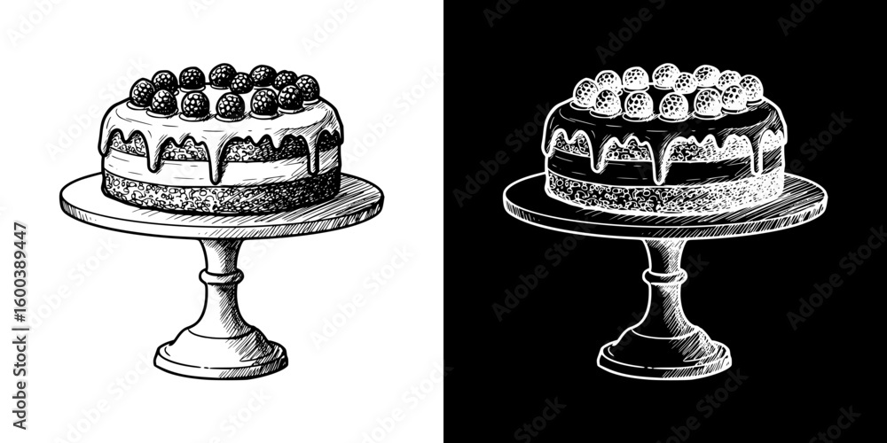 Poster vintage cake with berries on a stand, isolated vector image in two design variants - on transparent 