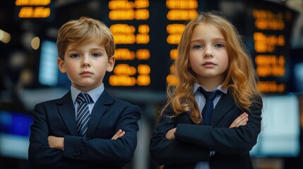 Children in suits, airport departure board, travel, business