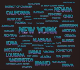 Obraz premium Names of all U.S. states. The United States of America -federal republic of 50 states. USA states. New york, Idaho, Washington, California... 