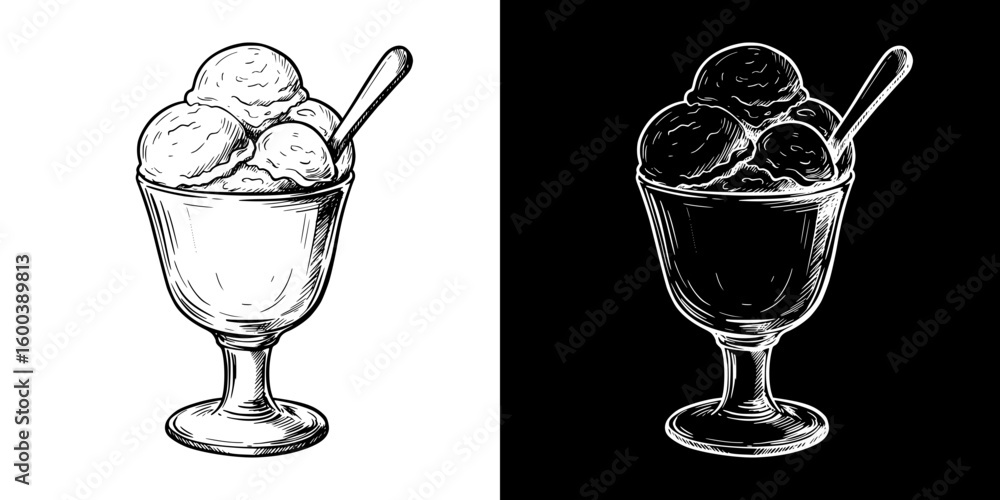 Poster ice cream scoops in glass cup, isolated vector image in two design variants - on transparent and bla