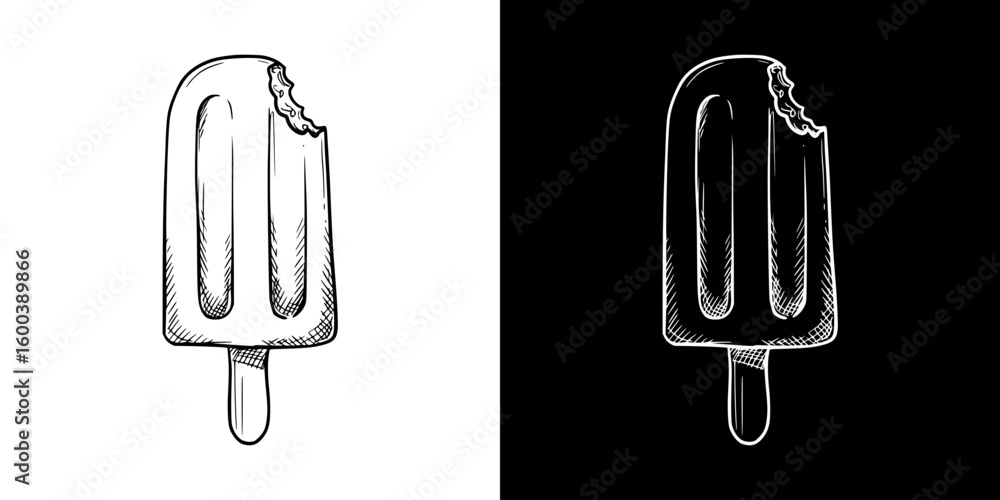 Poster bitten ice cream on a stick, isolated vector image in two design variants - on transparent and black