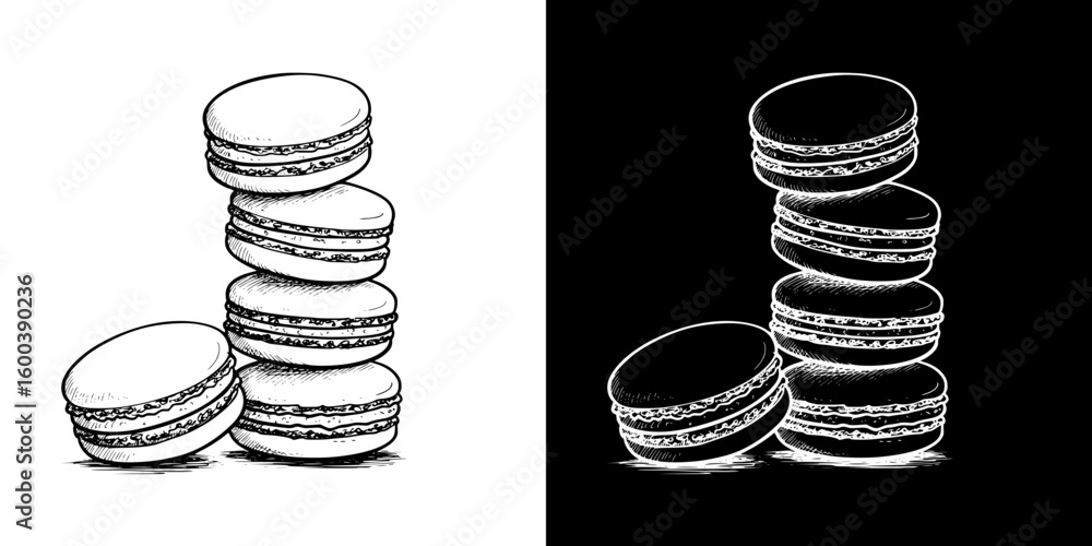 Poster Isolated vector image of stacked macarons in two design variants - on transparent and black backgrounds, chalk drawing  