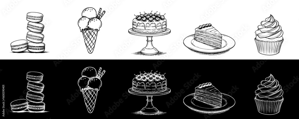 Poster isolated vector image of desserts in two design variants on black and transparent backgrounds, chalk