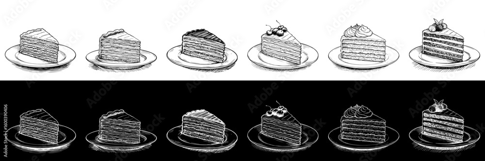 Poster isolated vector image of cake slices in two design variants - on transparent and black backgrounds, 