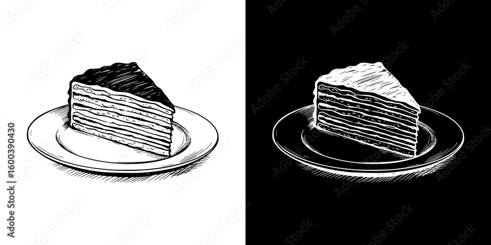 Poster Isolated vector image of layered cake, isolated vector image in two design variants - on transparent and black backgrounds, chalk drawing