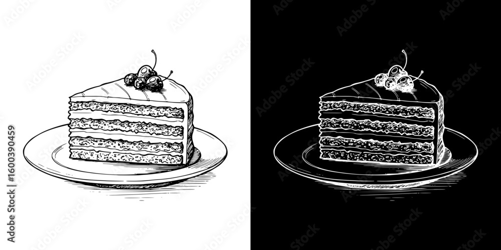 Poster slice of layered sponge cake with berries, isolated vector image in two design variants - on transpa