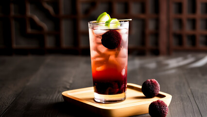 A cup of bayberry juice Chinese-style creative scene commercial photography