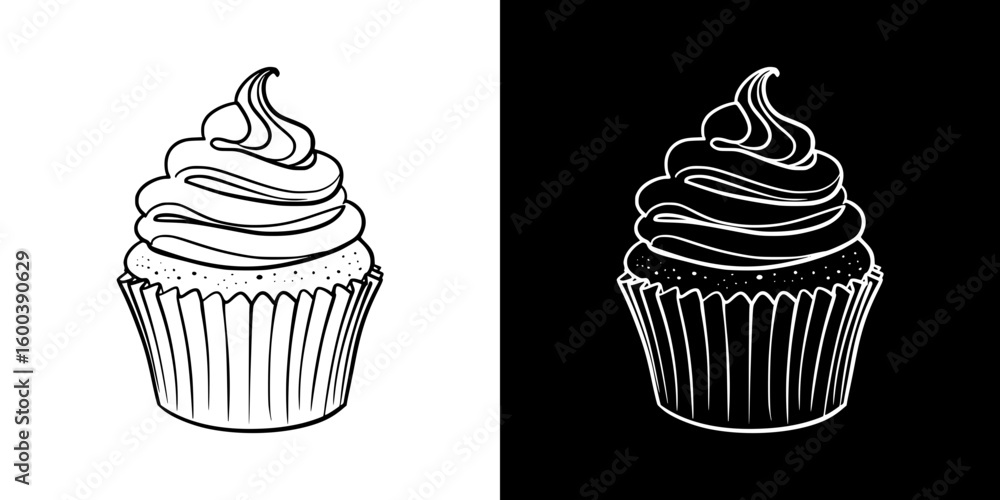 Poster chalk drawing of a cupcake, isolated vector image in two design variants - on transparent and black 