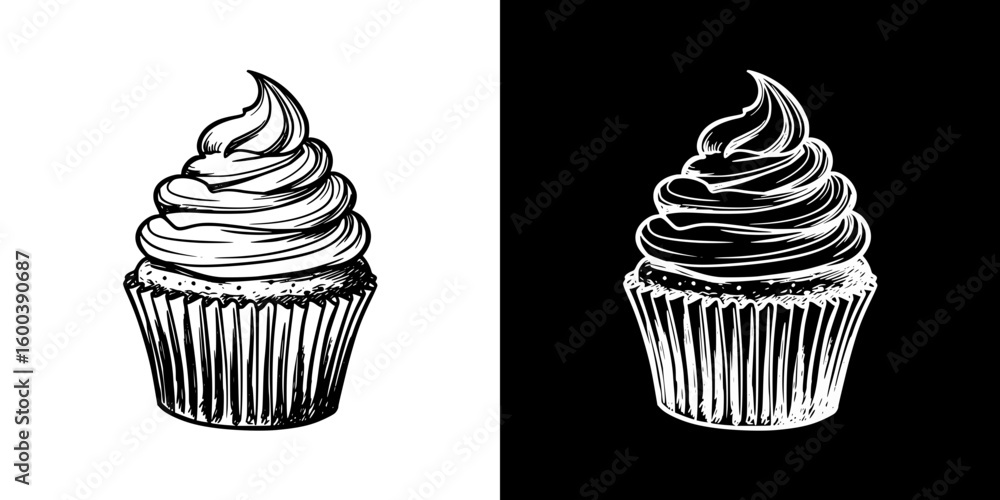 Poster chalk drawing of cupcake, isolated vector image in two design variants - on transparent and black ba