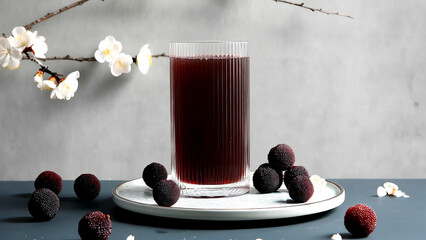 A cup of bayberry juice Chinese-style creative scene commercial photography