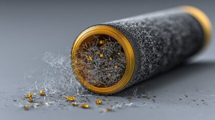 Gray tube, gold particles, debris