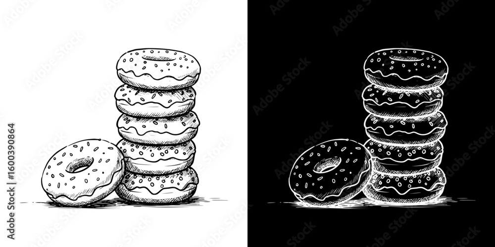 Poster stack of donuts in chalk drawing style, isolated vector image in two design variants - on transparen