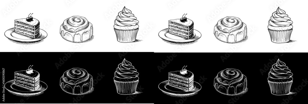 Aufkleber chalk drawing of dessert items, isolated vector image in two design variants - on transparent and bl