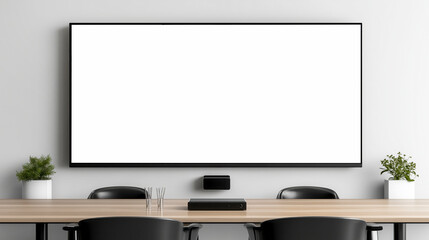 Modern conference room with large blank screen, wooden table, black chairs, and green plants, ideal for remote teamwork and collaboration in a diverse workplace environment