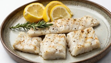 Beautifully grilled barramundi fillets served on textured plate with lemon slices, fresh rosemary sprigs. Elegant dish offers delicious, healthy seafood meal, perfect for fine dining casual gourmet