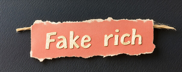 Conceptual shot of a torn paper displaying the phrase "Fake rich," highlighting the pursuit of wealth and the facade of affluence in modern society.