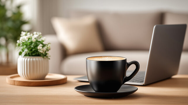 Black coffee cup on wooden table beside laptop and potted plant in cozy office setting, representing remote work and collaboration in a diverse workplace