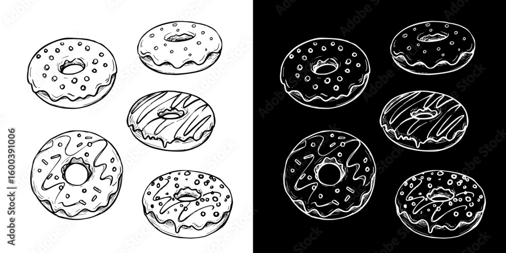Poster donuts in chalk drawing style, isolated vector image in two design variants - on transparent and bla