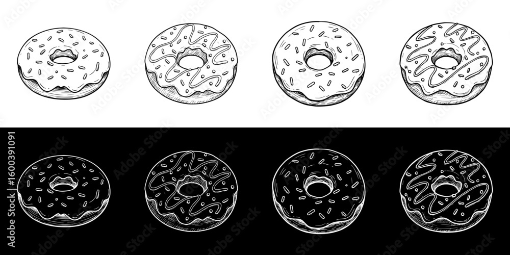 Poster isolated vector image of donuts in two design variants on black and transparent backgrounds, chalk d