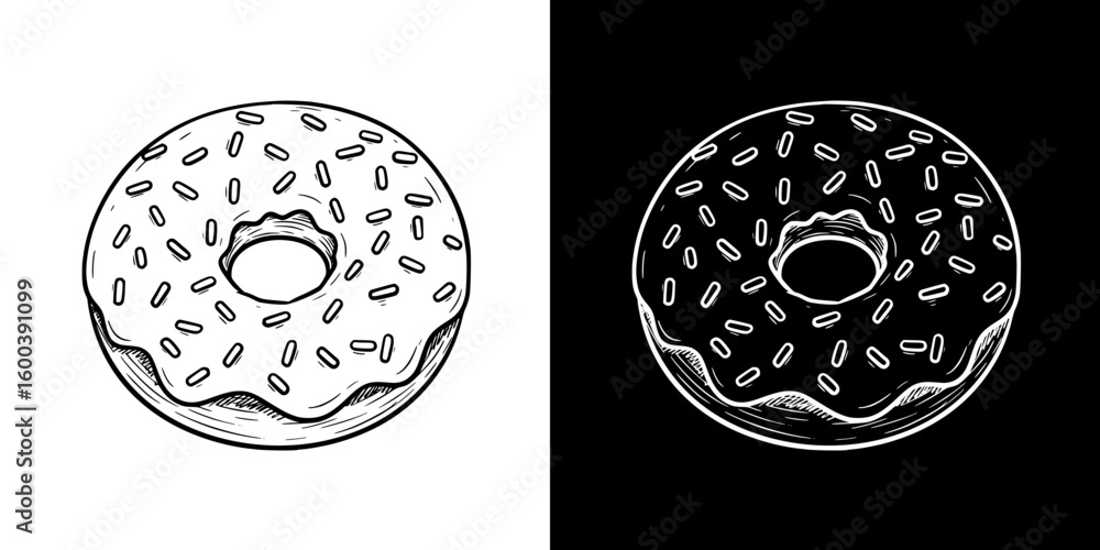 Poster chalk drawing of a donut, isolated vector image in two design variants - on transparent and black ba